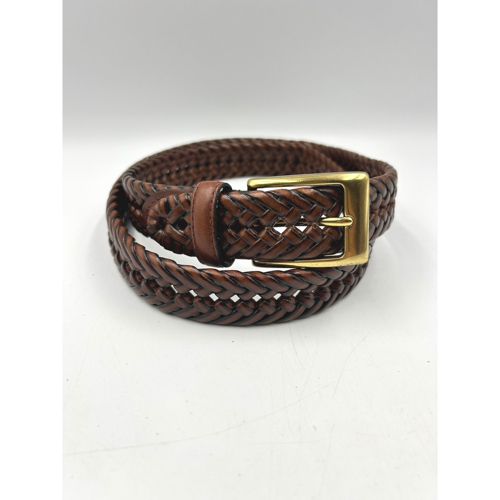 Dockers Braided Belt Brown Mens 38 Leather Woven Gold Buckle 11DO0403 EUC
